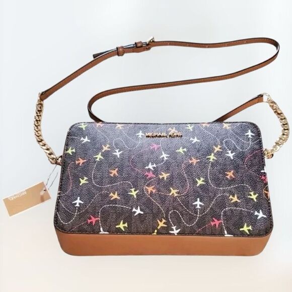 MICHAEL KORS JET SET Brown Multi East West Airplane Print Crossbody Bag $198 NWT - Picture 3 of 7